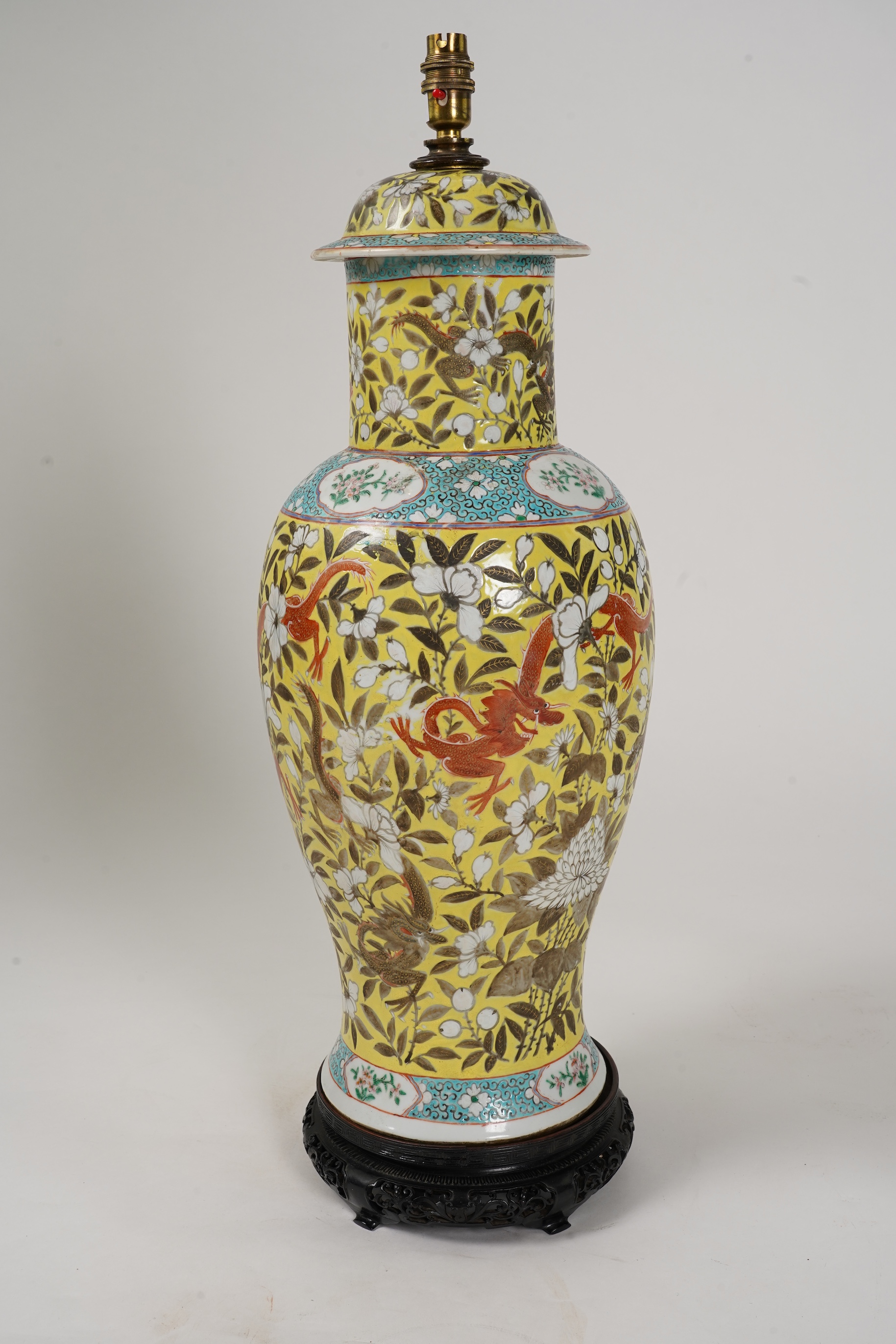 A large Chinese yellow ground ‘dragon’ vase, Guangxu period, mounted as a lamp